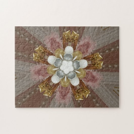 アンティークエレガントピンクシルバーグレー金ゴールド白花 ジグソーパズル (横)