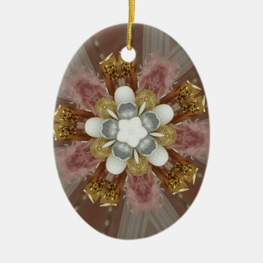 アンティークエレガントピンクシルバーグレー金ゴールド白花 セラミックオーナメント (正面)