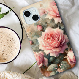 アンティークエレガントピンクローズフローラモノグラムスクリプト iPhone 15ケース