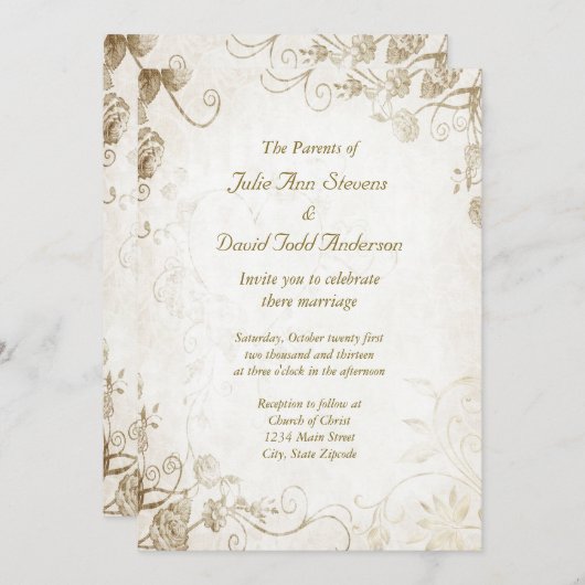 アンティークエレガント金ゴールドヴィンテージウェディング招待状 招待状 (正面/裏面)
