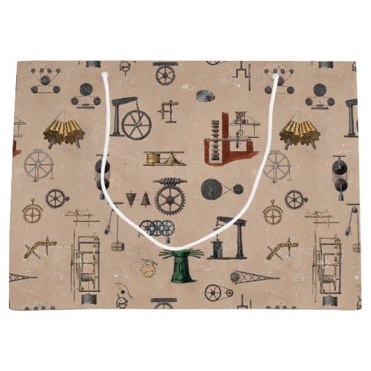アンティークエンジニアリングの機械的科学的パターン ラージペーパーバッグ (正面)