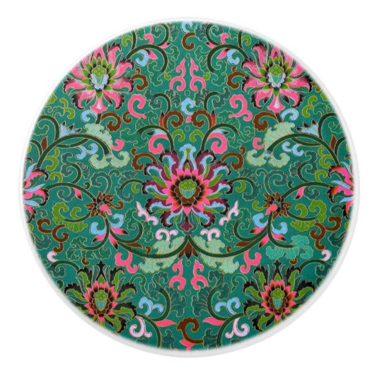 アンティークオリエンタルフローラグリーンピンクチノワセリー セラミックノブ (正面)