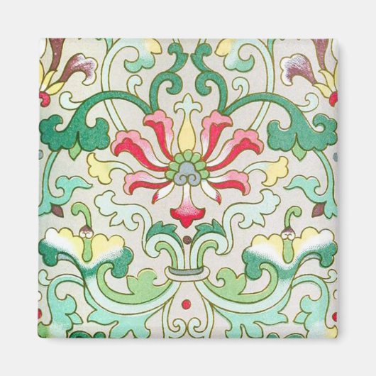 アンティークオリエンタルフローラルパターンティール（緑がかった色）レッドクリーム マグネット (正面)