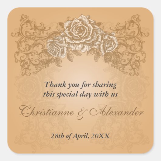 アンティークオレンジバラ結婚ズステッカー スクエアシール (正面)
