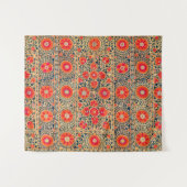 アンティークオレンジレッドホワイトフローラウズベク刺繍 タペストリー (正面(横))