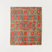 アンティークオレンジレッドホワイトフローラウズベク刺繍 タペストリー (正面)