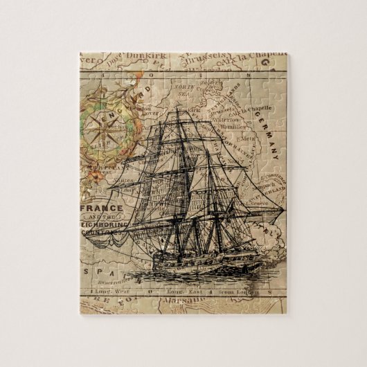 アンティークオールドジェネラルフランスマップ&シップ ジグソーパズル (縦)