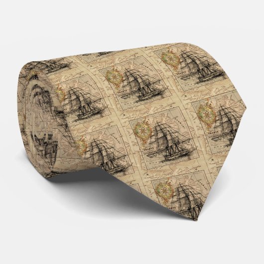 アンティークオールドジェネラルフランスマップ&シップ ネクタイ (ロール)