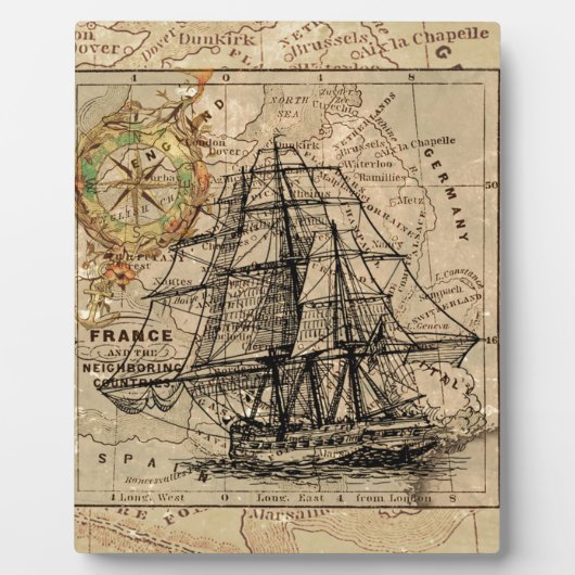 アンティークオールドジェネラルフランスマップ&シップ フォトプラーク (正面)