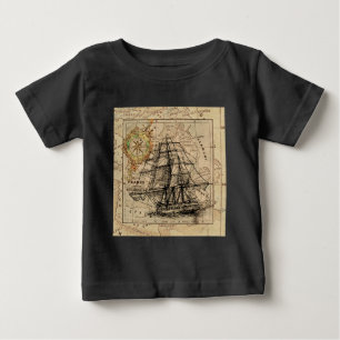 アンティークオールドジェネラルフランスマップ&シップ ベビーTシャツ