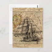 アンティークオールドジェネラルフランスマップ&シップ ポストカード (正面/裏面)