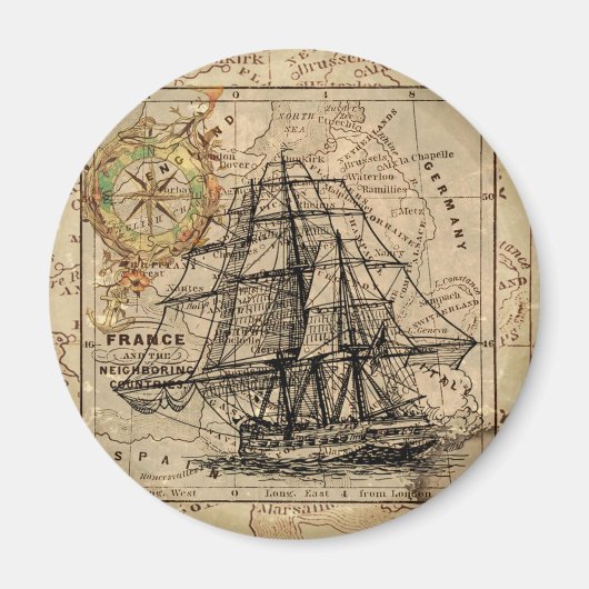 アンティークオールドジェネラルフランスマップ&シップ マグネット (正面)