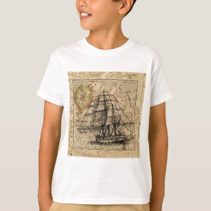 アンティークオールドジェネラルフランスマップ&シップ Tシャツ