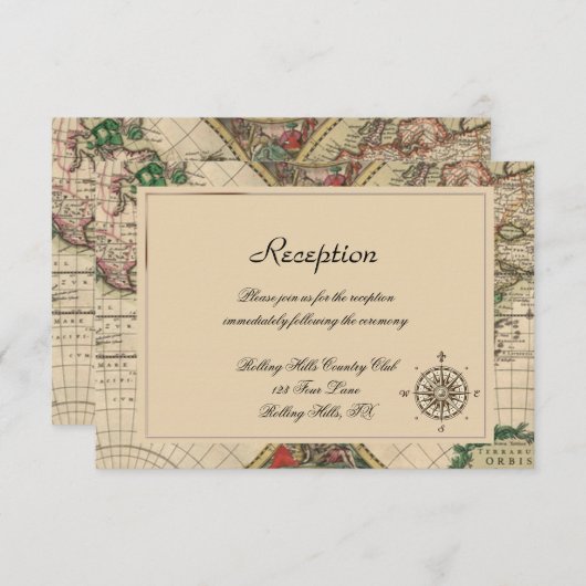 アンティークオールドワールドマップ ウェディングレセプション エンクロージャーカード (正面/裏面)