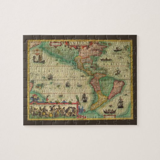 アンティークオールドワールドMap of the America by Hondius ジグソーパズル (横)