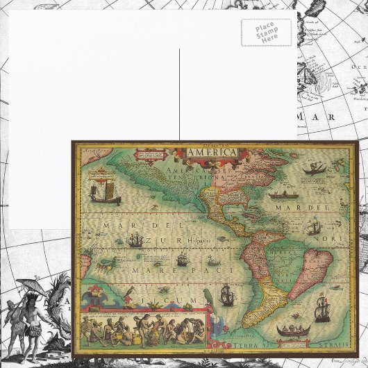 アンティークオールドワールドMap of the America by Hondius ポストカード