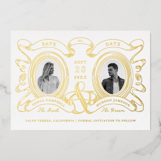 アンティークカメオ写真の保存日付金ゴールド 箔招待状 (正面)