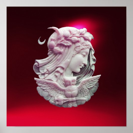 アンティークカメオ、フクロウと夜の月の女性 ポスター (正面)