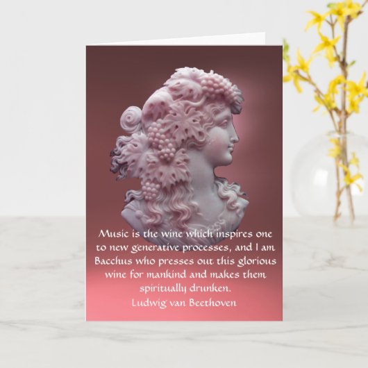 アンティークカメオ、葡萄を持つ女性、ワイン音楽引用文 カード (黄色い花)