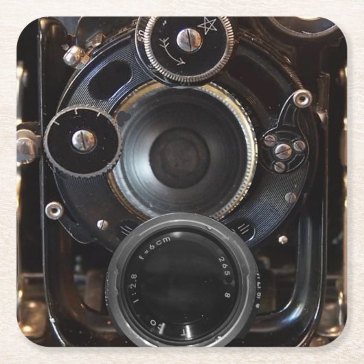 アンティークカメラ撮影ヴィンテージレンズフィルム スクエアペーパーコースター (正面)