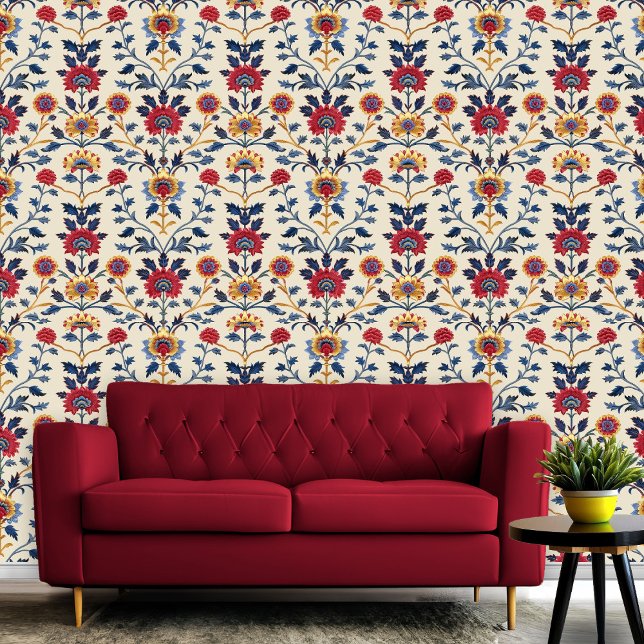 アンティークカラフルインディアンフローラ模様室 壁紙 (Antique Colorful Indian Floral Motif Pattern Room Wallpaper)