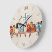 アンティークカラフル鳥類水色モノグラム名 ラージ壁時計 (傾斜)