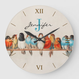 アンティークカラフル鳥類水色モノグラム名 ラージ壁時計