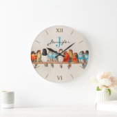 アンティークカラフル鳥類水色モノグラム名 ラージ壁時計 (ホーム)