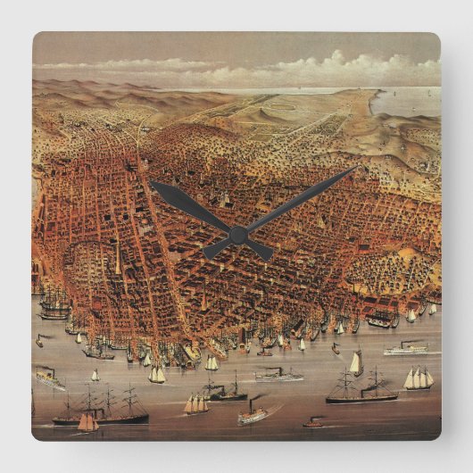 アンティークカリフォルニア州サンフランシスコの航空地図 スクエア壁時計 (正面)