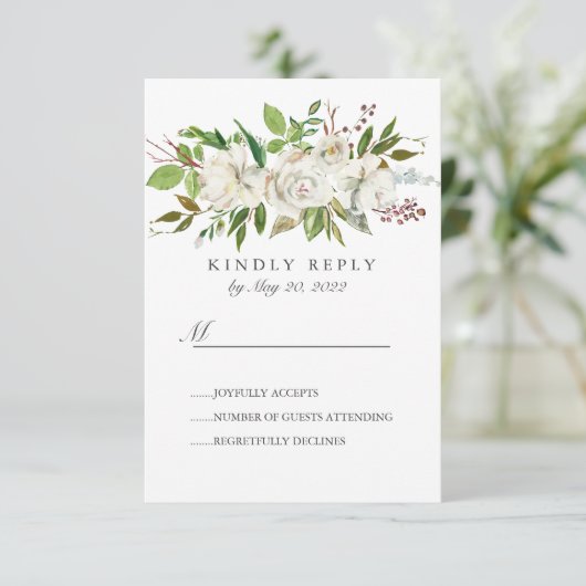 アンティークガーデンホワイトフラワーウェディングRSVP 出欠カード (スタンド正面)
