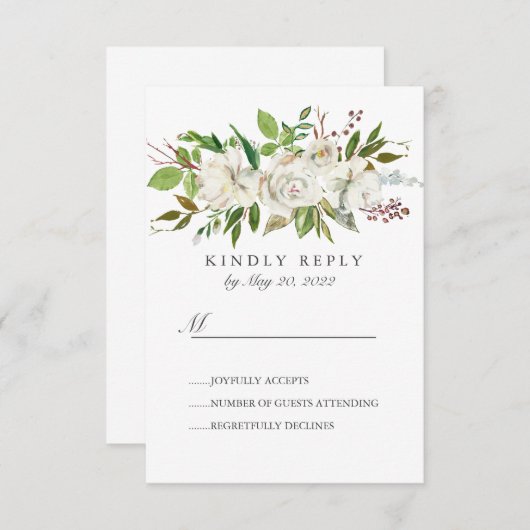アンティークガーデンホワイトフラワーウェディングRSVP 出欠カード (正面/裏面)