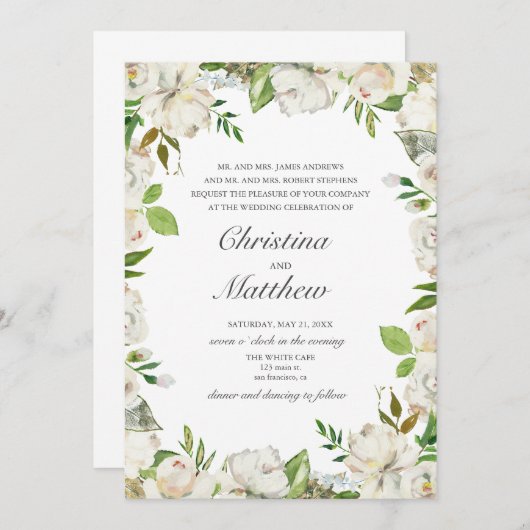 アンティークガーデンホワイトフラワーフレーム結婚ズ 招待状 (正面/裏面)