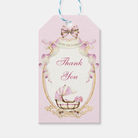 アンティークキャリッジピンク金ゴールドバラジンガム ギフトタグ (正面)