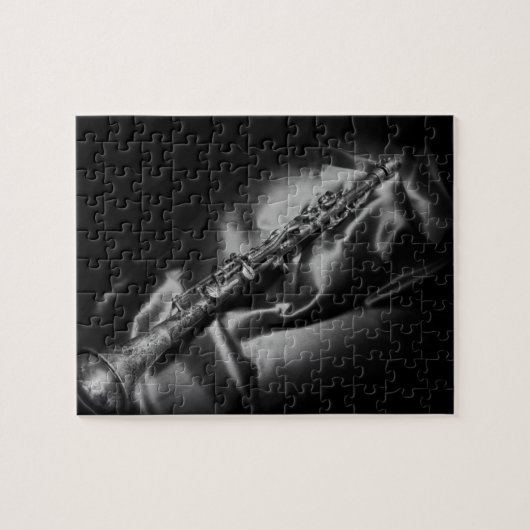 アンティーククラリネットの静物画 モノクロ ジグソーパズル (横)