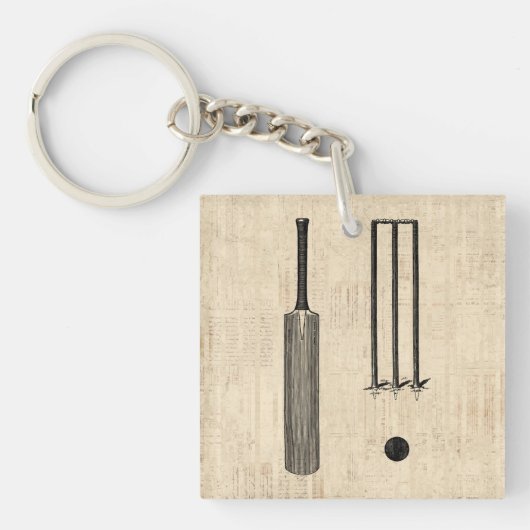 アンティーククリケットこうもり図解入りの、写真付きのヴィンテージアート キーホルダー (正面)