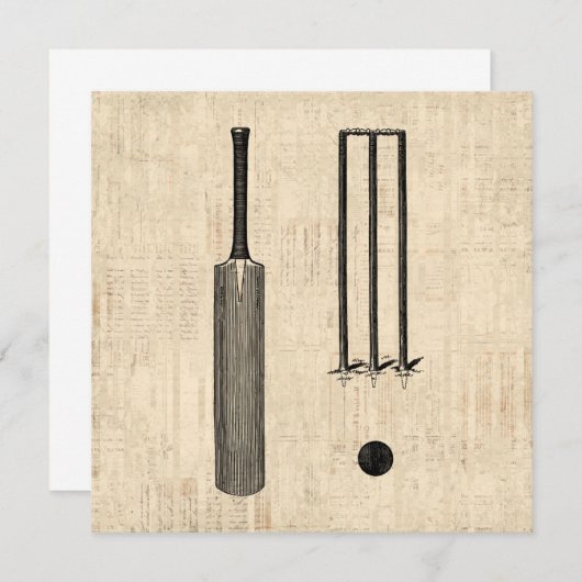 アンティーククリケットこうもり図解入りの、写真付きのヴィンテージアート 招待状 (正面/裏面)