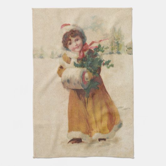 アンティーククリスマスガールウィンターチャイルド キッチンタオル (縦)
