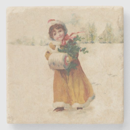 アンティーククリスマスガールウィンターチャイルド ストーンコースター (正面)
