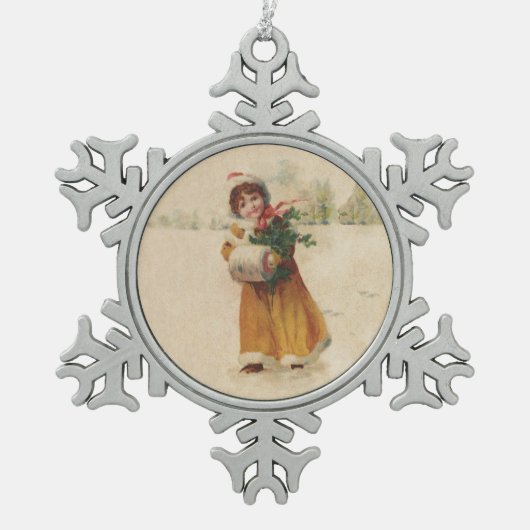 アンティーククリスマスガールウィンターチャイルド スノーフレークピューターオーナメント (正面)