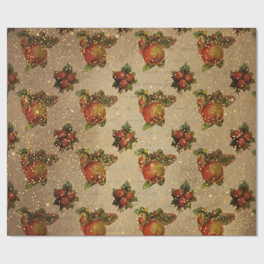 アンティーククリスマスフルーツ赤メリークリスマス金ゴールド ラッピングペーパー (フラット)