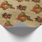 アンティーククリスマスフルーツ赤メリークリスマス金ゴールド ラッピングペーパー (角)