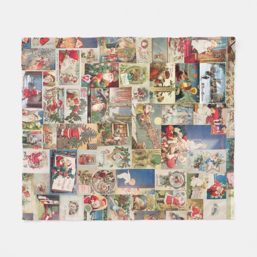 アンティーククリスマスホリデーのグリーティングカードパターン フリースブランケット (正面(横))