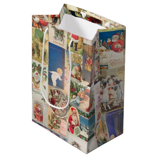 アンティーククリスマスホリデーのグリーティングカードパターン ミディアムペーパーバッグ (正面アングル)