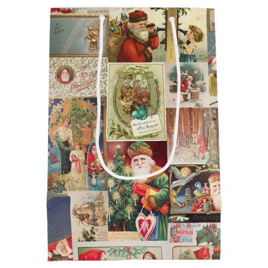 アンティーククリスマスホリデーのグリーティングカードパターン ミディアムペーパーバッグ (裏面)