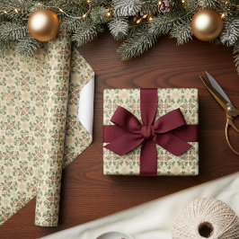 アンティーククリスマスホリーつる植物ヴィンテージテクスチャ ラッピングペーパー