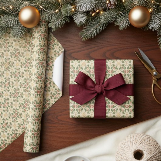 アンティーククリスマスホリーつる植物ヴィンテージテクスチャ ラッピングペーパー