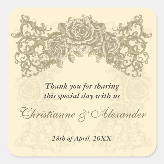 アンティーククリームバラ結婚ズステッカー スクエアシール (正面)
