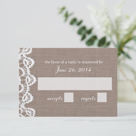 アンティーククロチェットレースとバーラップRSVP 出欠カード (スタンド正面)