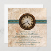 アンティーククロック結婚式招待状、ティール（緑がかった色） 招待状 (正面/裏面)