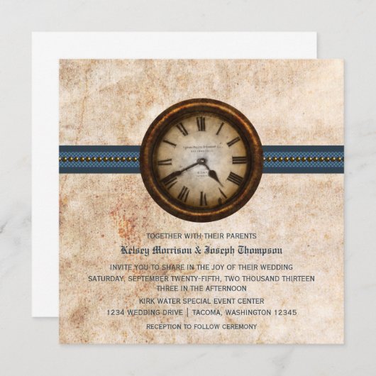 アンティーククロック結婚式招待状、青 招待状 (正面/裏面)